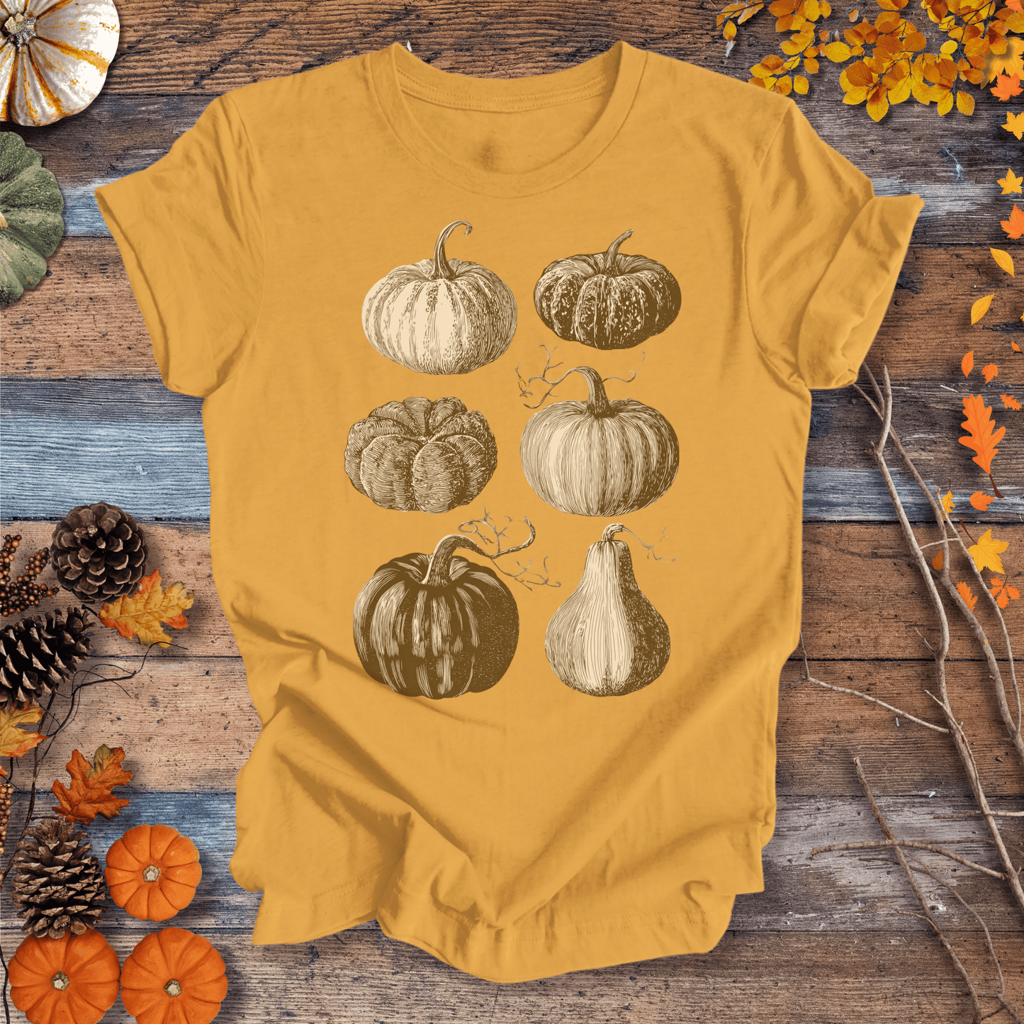 Printify T-Shirt Solid Gold / S Vintage Pumpkin Art T-Shirt β Botanical Fall Shirt | Unisex Cotton