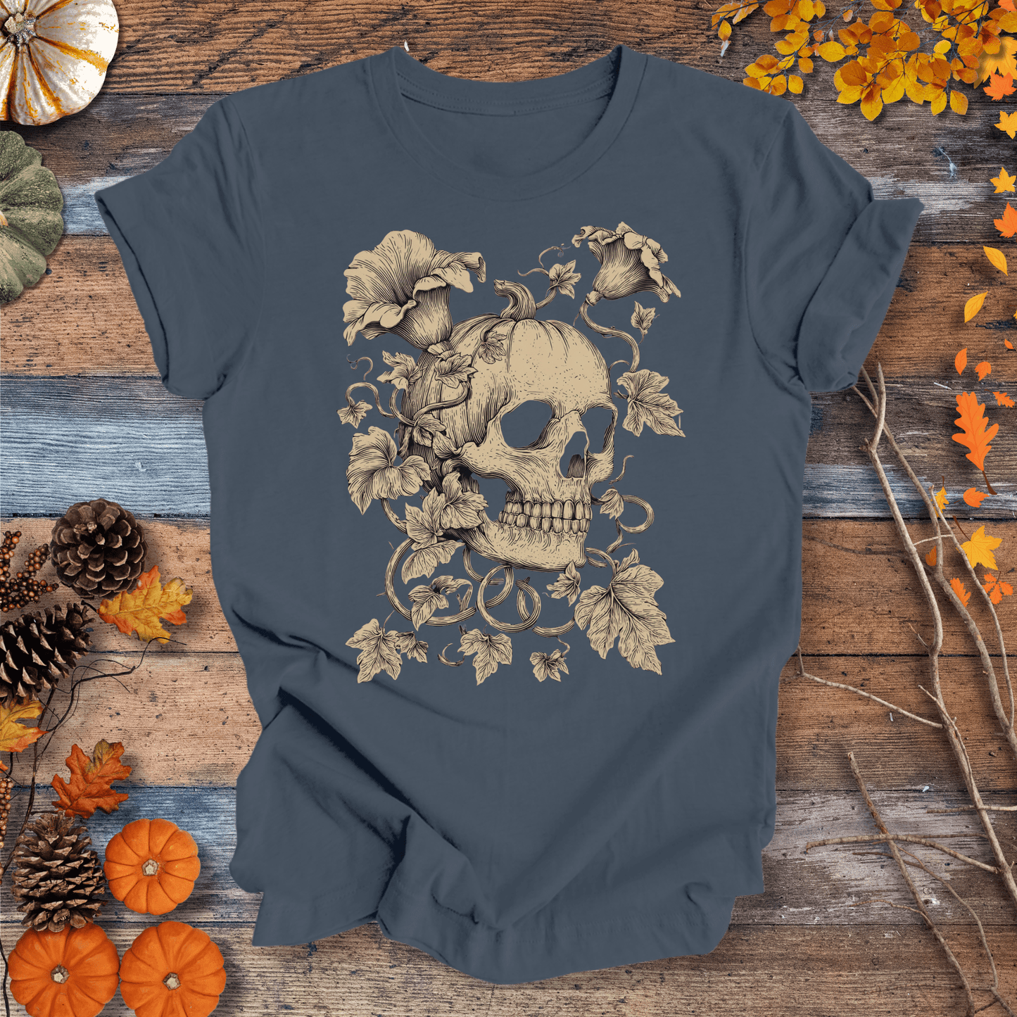 Printify T-Shirt Solid Indigo / S Botanical Skull & Pumpkin Vines Shirt – Halloween | Unisex Cotton