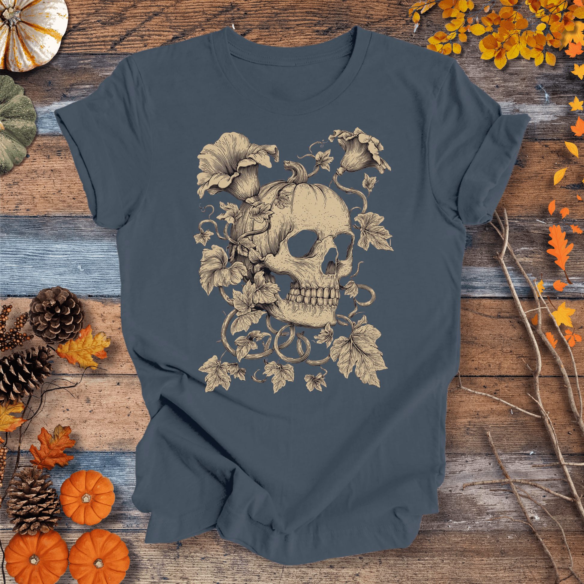 Printify T-Shirt Solid Indigo / S Botanical Skull & Pumpkin Vines Shirt – Halloween | Unisex Cotton