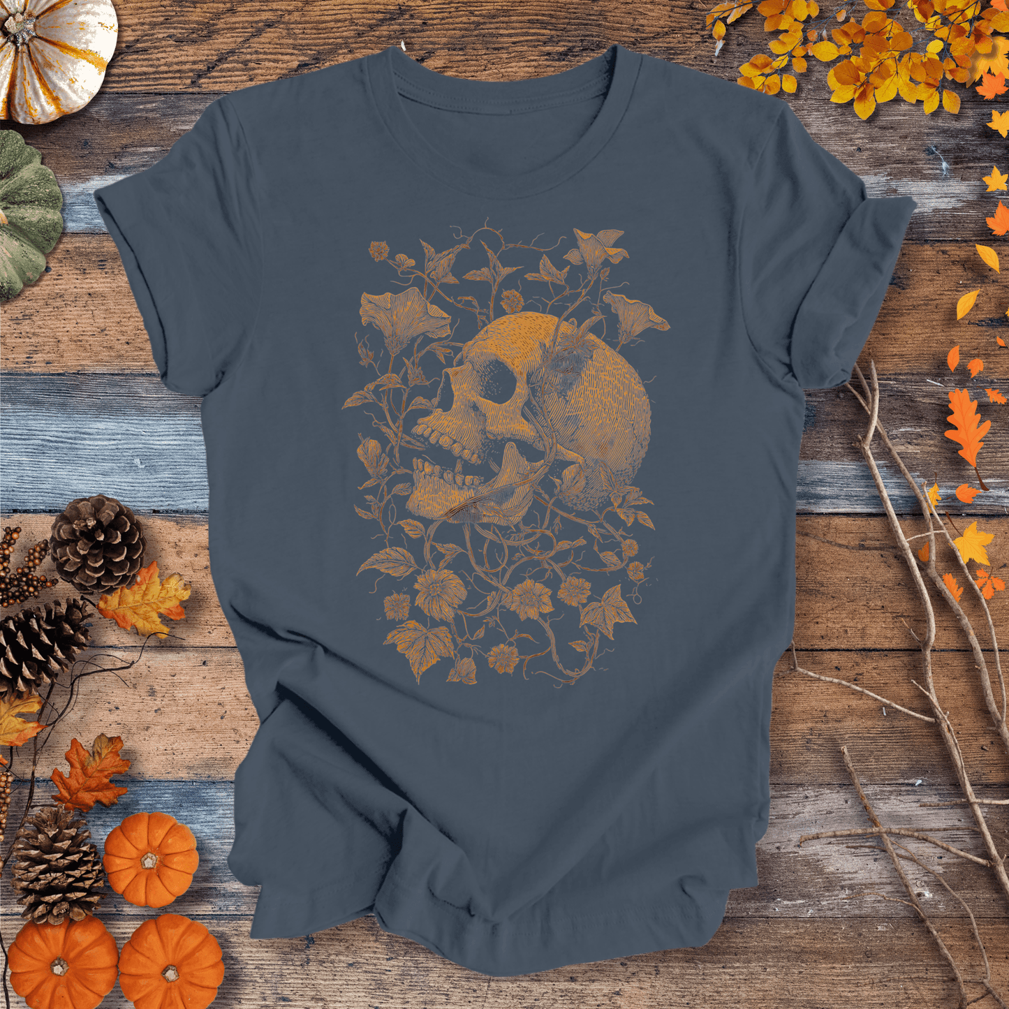 Printify T-Shirt Solid Indigo / S Botanical Skull & Vines Halloween Shirt – Unisex Cotton