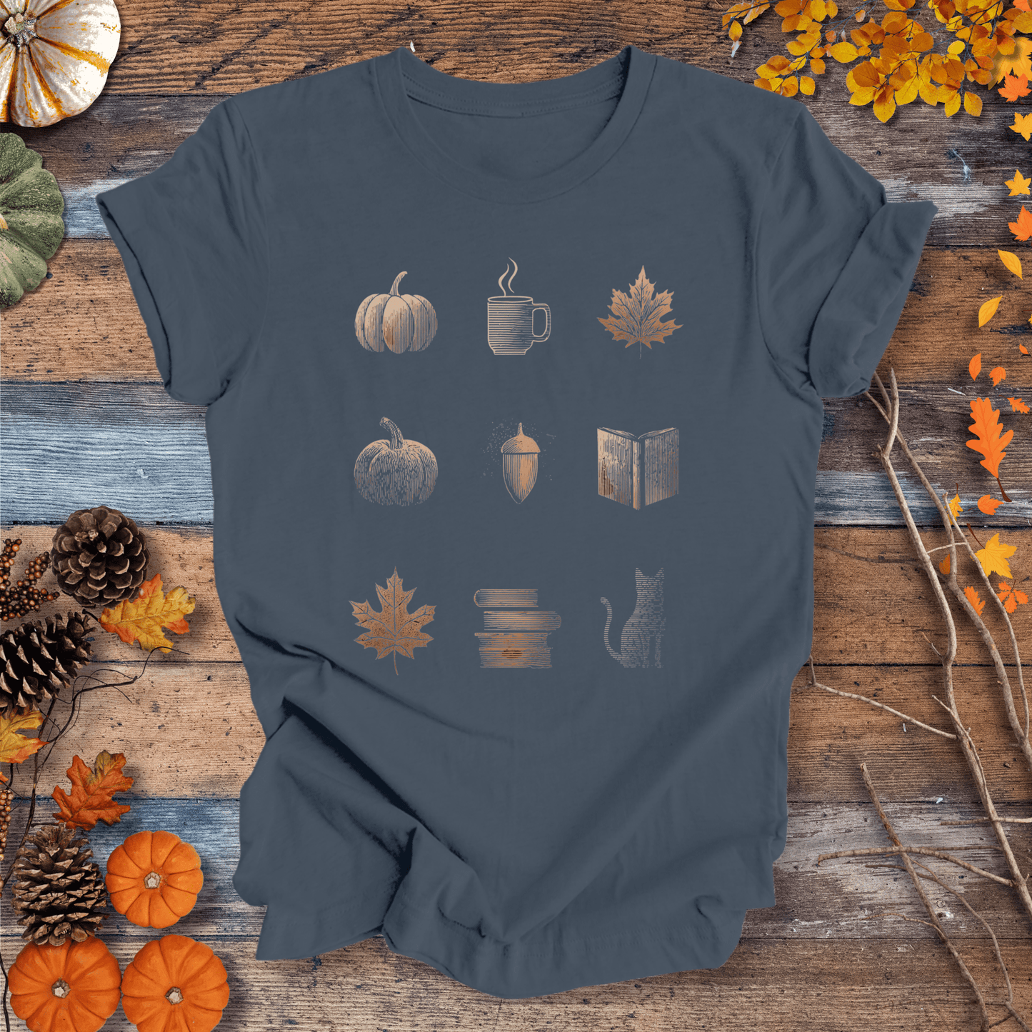 Printify T-Shirt Solid Indigo / S Cozy Fall Icons Shirt – Pumpkin, Coffee & Cat Tee | Unisex