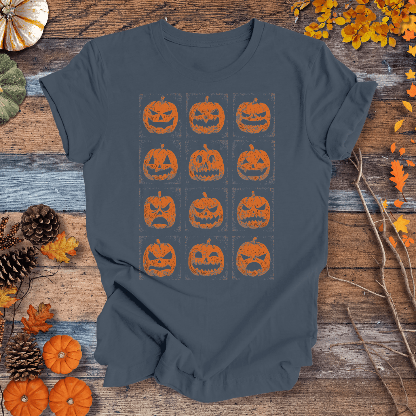 Printify T-Shirt Solid Indigo / S Jack-O’-Lantern Faces Halloween Shirt – Vintage Pumpkin Tee