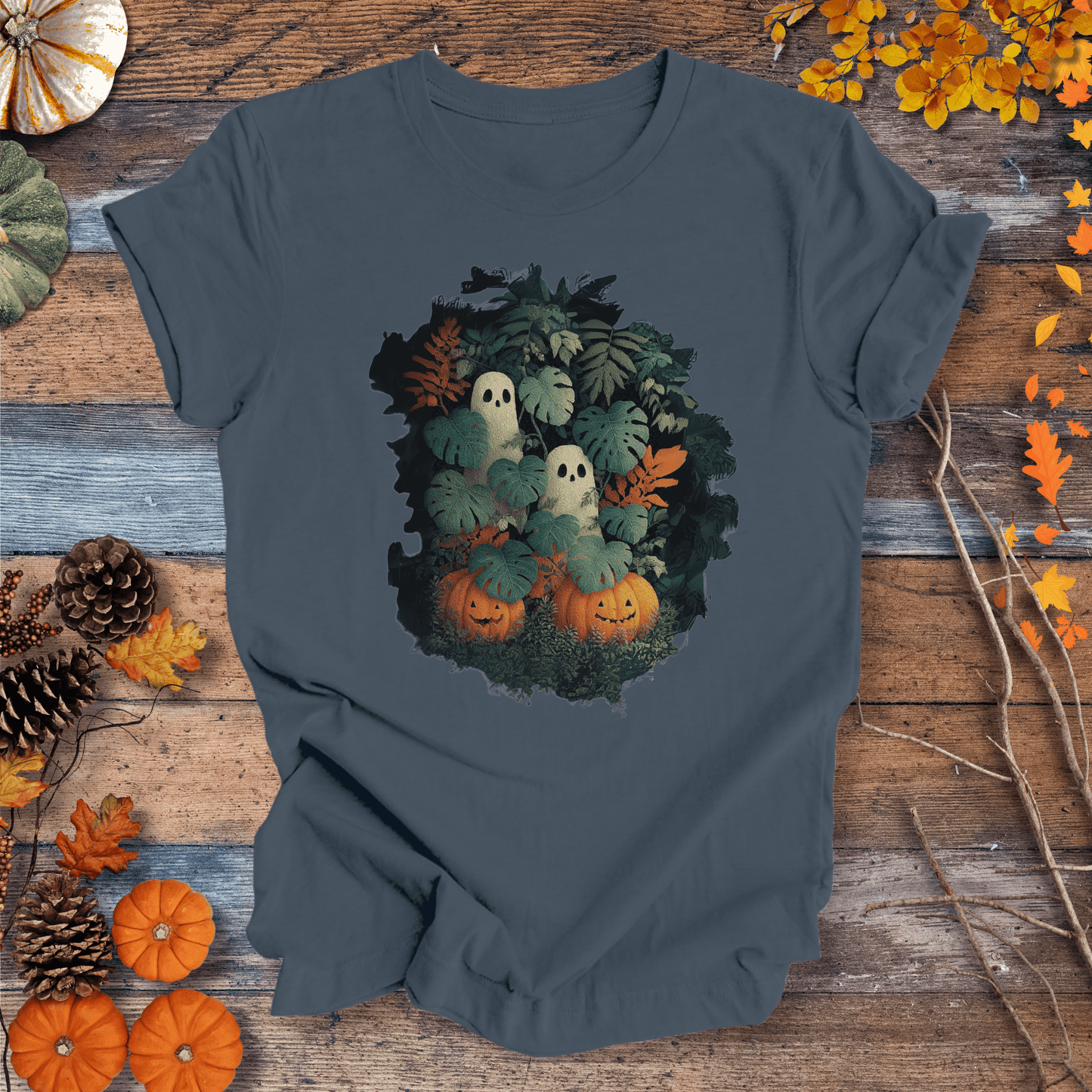 Printify T-Shirt Solid Indigo / S Monstera Ghosts & Pumpkins – Halloween Houseplant Shirt (Unisex)