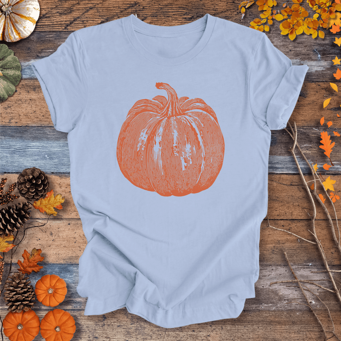 Printify T-Shirt Solid Light Blue / S Pumpkin Vibes Fall T-Shirt | Unisex Cotton Tee