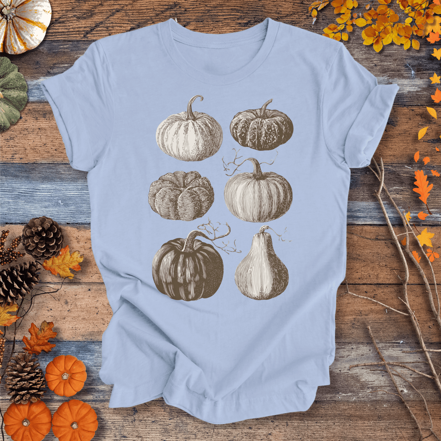 Printify T-Shirt Solid Light Blue / S Vintage Pumpkin Art T-Shirt β Botanical Fall Shirt | Unisex Cotton
