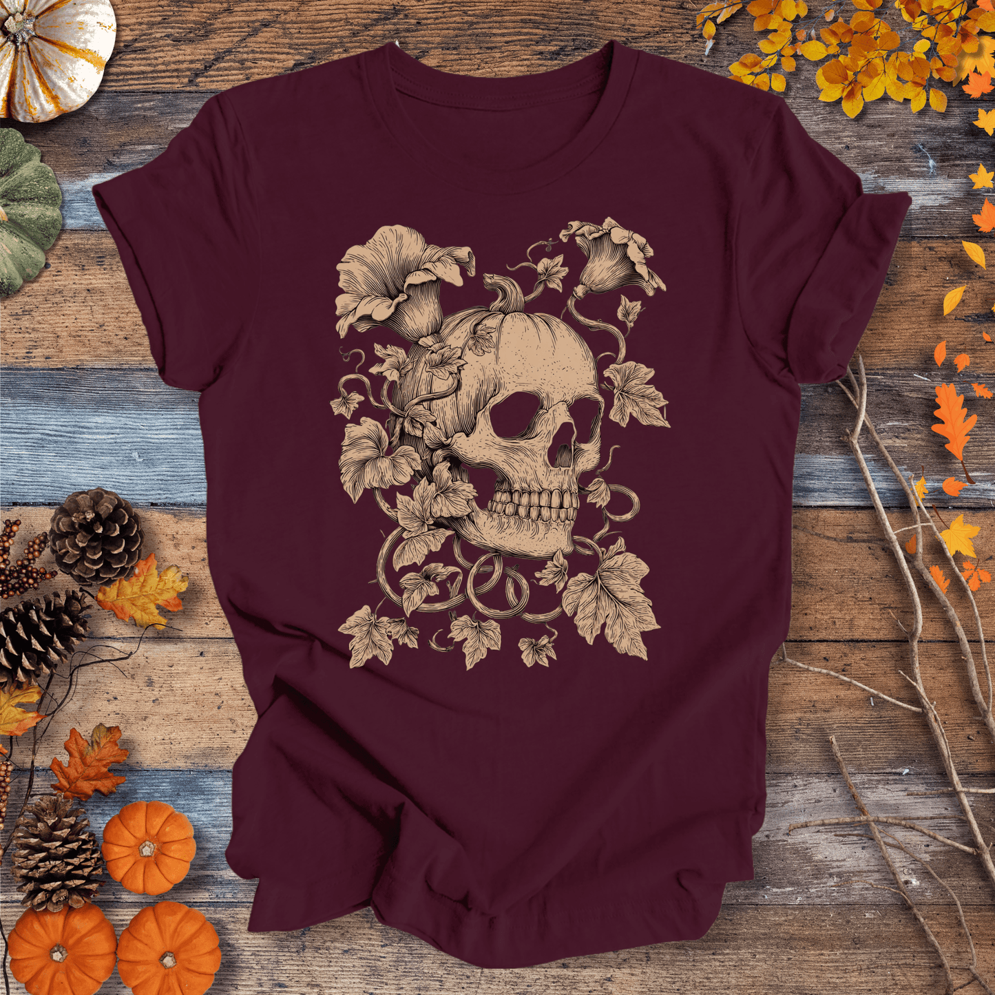 Printify T-Shirt Solid Maroon / S Botanical Skull & Pumpkin Vines Shirt – Halloween | Unisex Cotton
