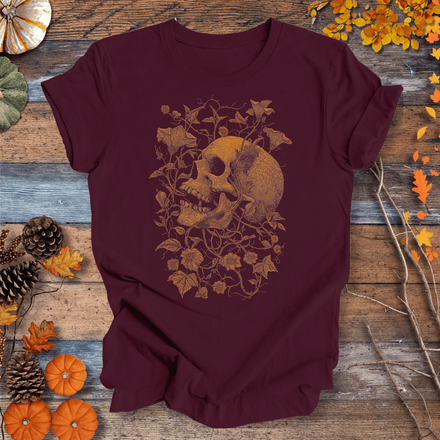 Printify T-Shirt Solid Maroon / S Botanical Skull & Vines Halloween Shirt – Unisex Cotton