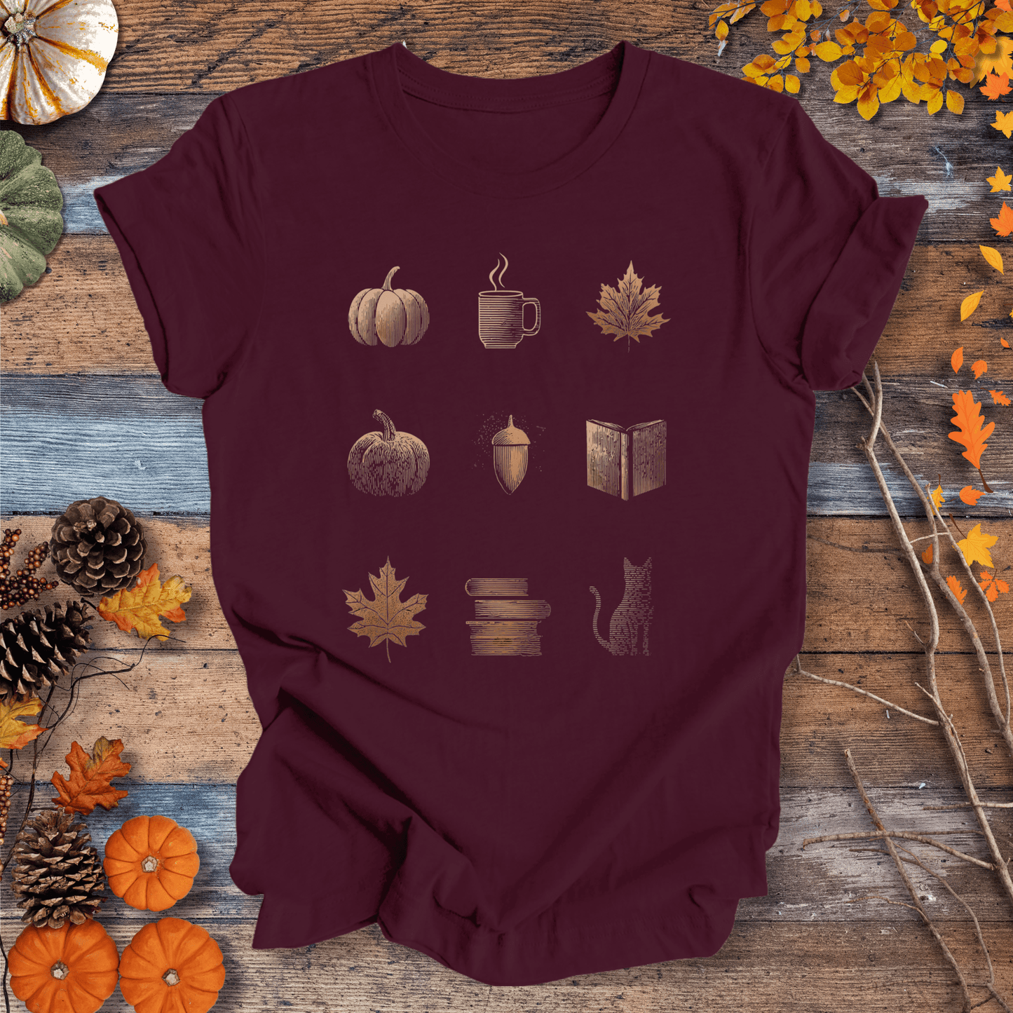 Printify T-Shirt Solid Maroon / S Cozy Fall Icons Shirt – Pumpkin, Coffee & Cat Tee | Unisex