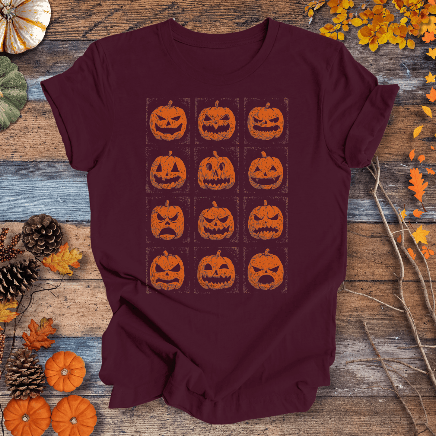 Printify T-Shirt Solid Maroon / S Jack-O’-Lantern Faces Halloween Shirt – Vintage Pumpkin Tee