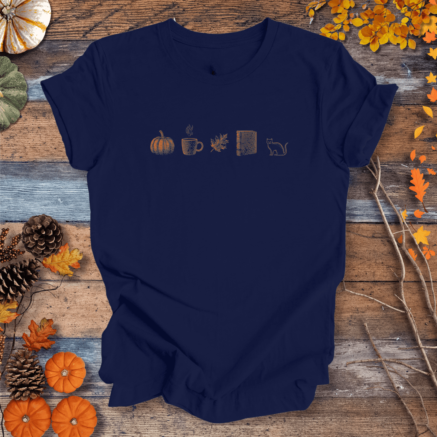 Printify T-Shirt Solid Midnight Navy / XS Autumn Icons Row Shirt – Pumpkin Coffee Leaf Book Cat | Unisex Cotton