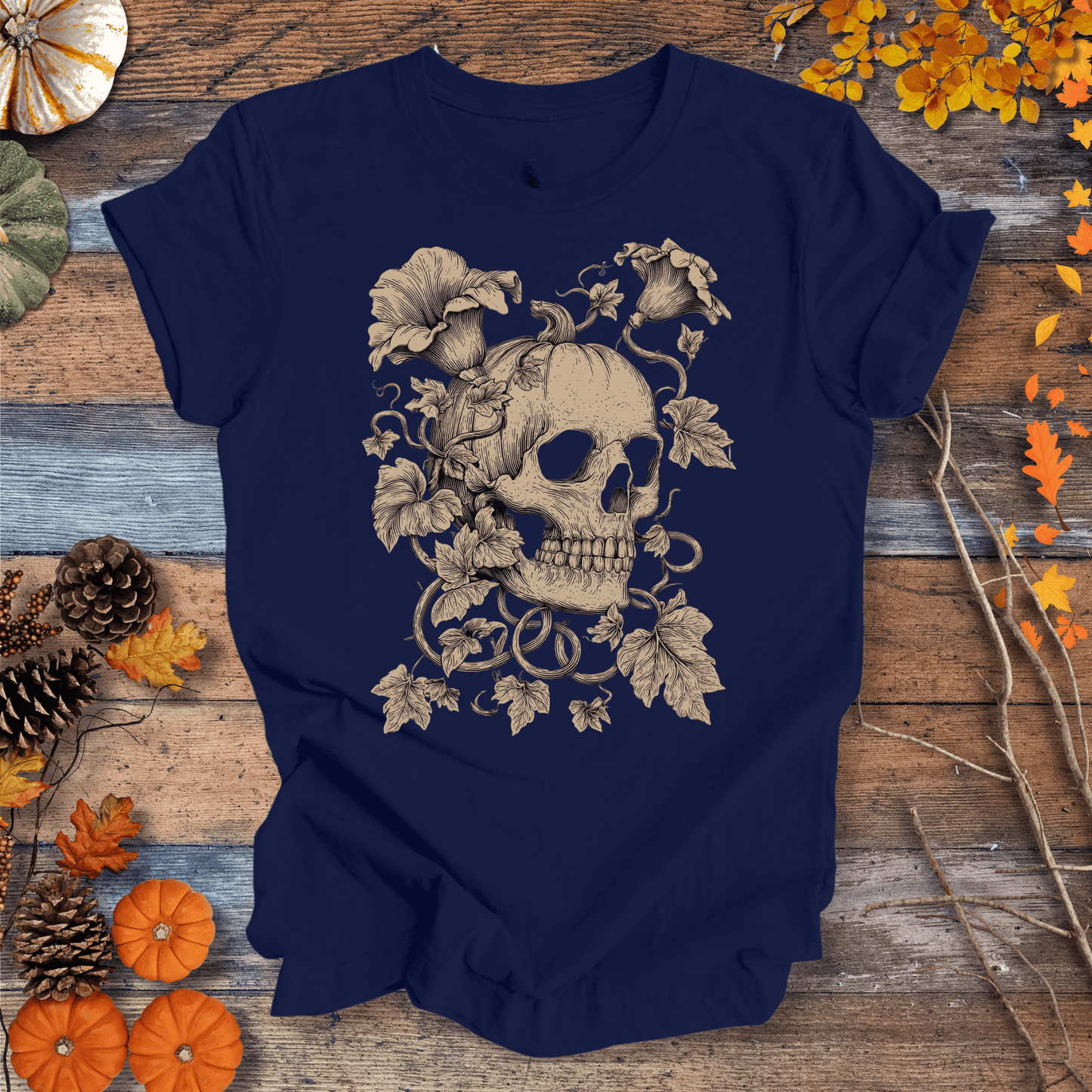 Printify T-Shirt Solid Midnight Navy / XS Botanical Skull & Pumpkin Vines Shirt – Halloween | Unisex Cotton