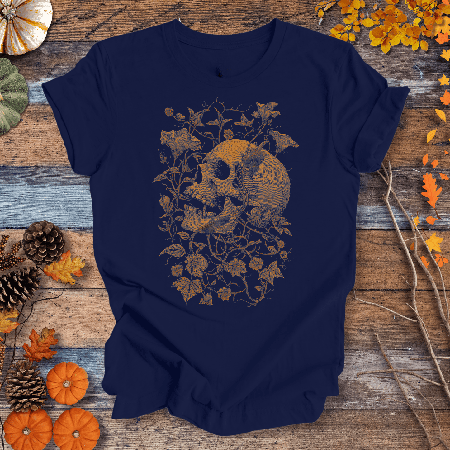 Printify T-Shirt Solid Midnight Navy / XS Botanical Skull & Vines Halloween Shirt – Unisex Cotton