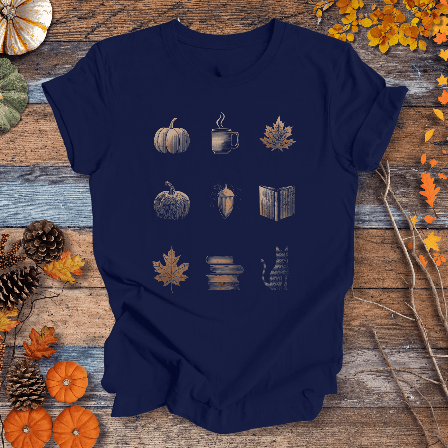 Printify T-Shirt Solid Midnight Navy / XS Cozy Fall Icons Shirt – Pumpkin, Coffee & Cat Tee | Unisex