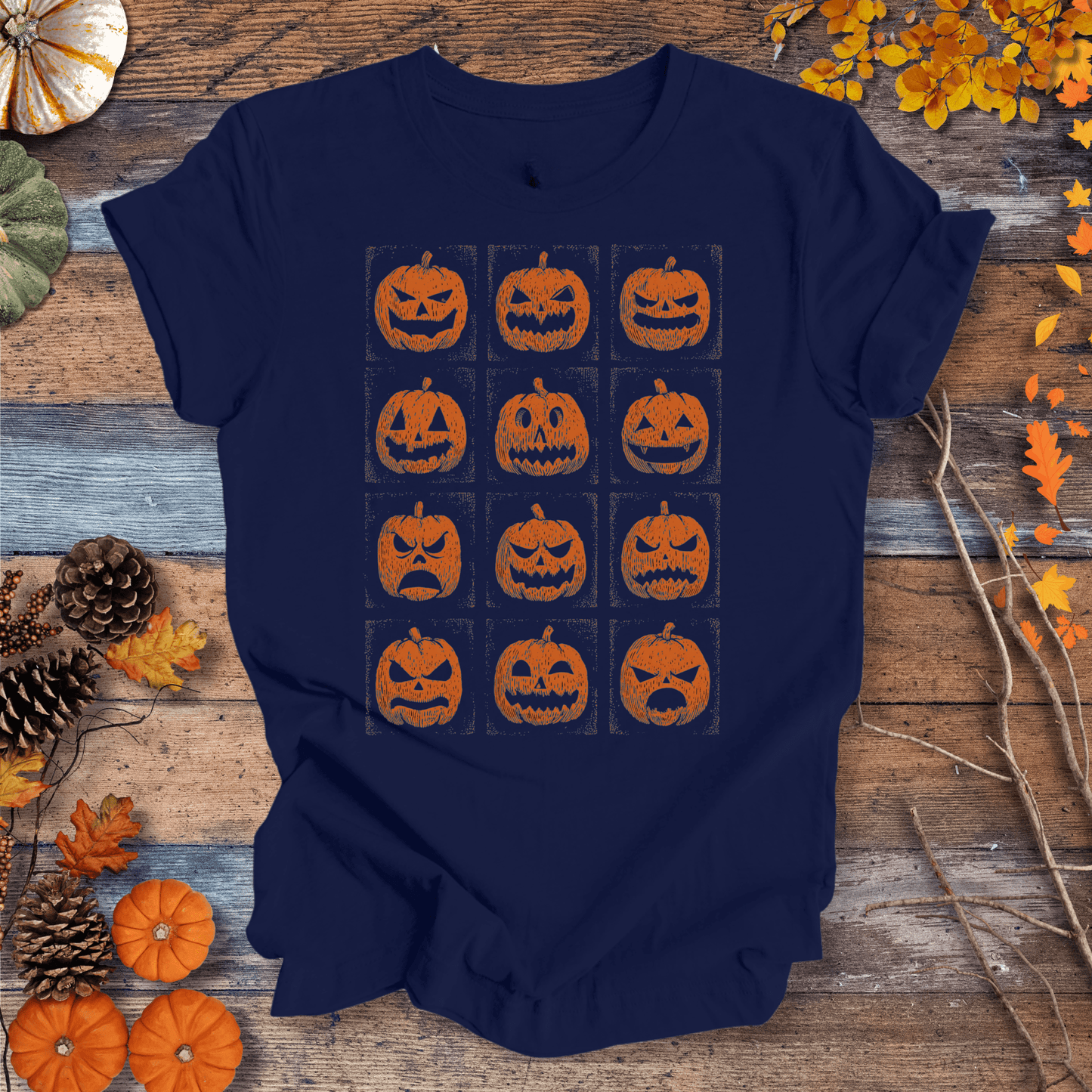 Printify T-Shirt Solid Midnight Navy / XS Jack-O’-Lantern Faces Halloween Shirt – Vintage Pumpkin Tee