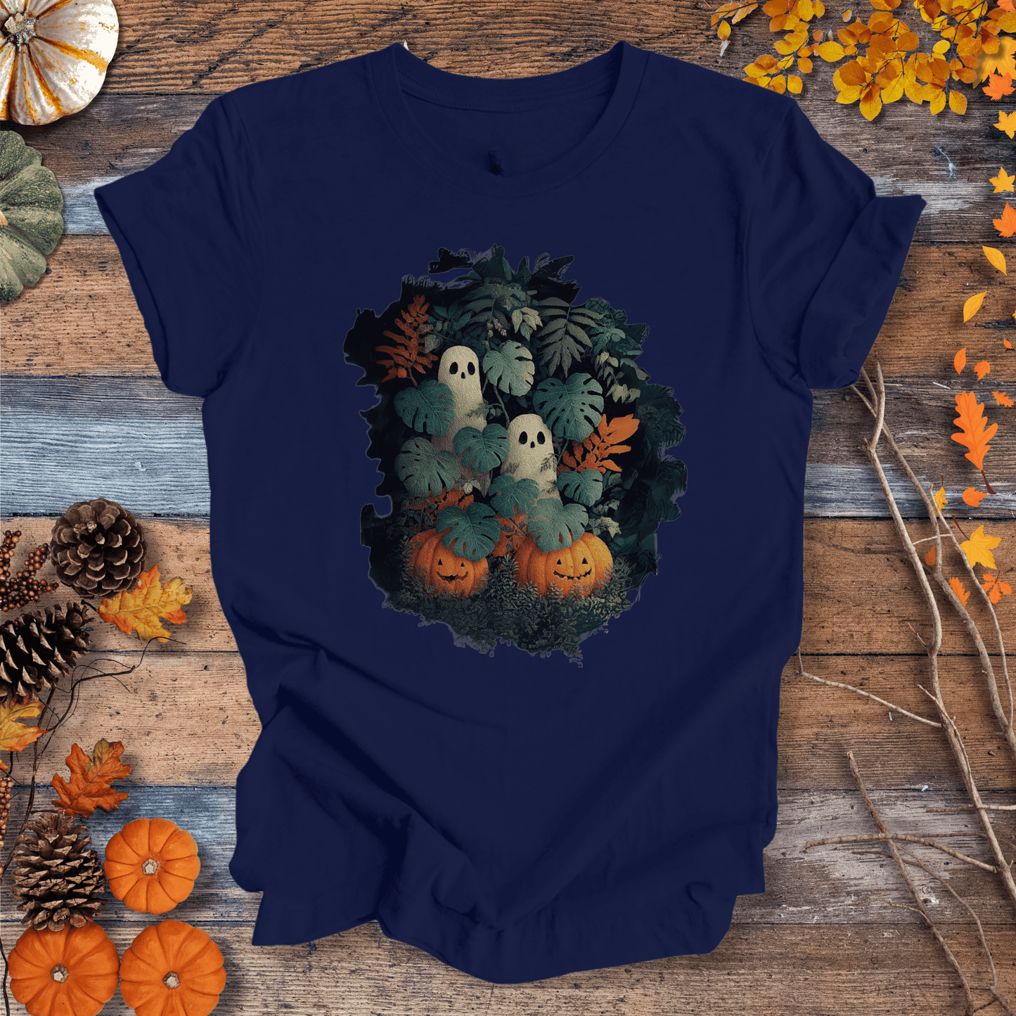 Printify T-Shirt Solid Midnight Navy / XS Monstera Ghosts & Pumpkins – Halloween Houseplant Shirt (Unisex)