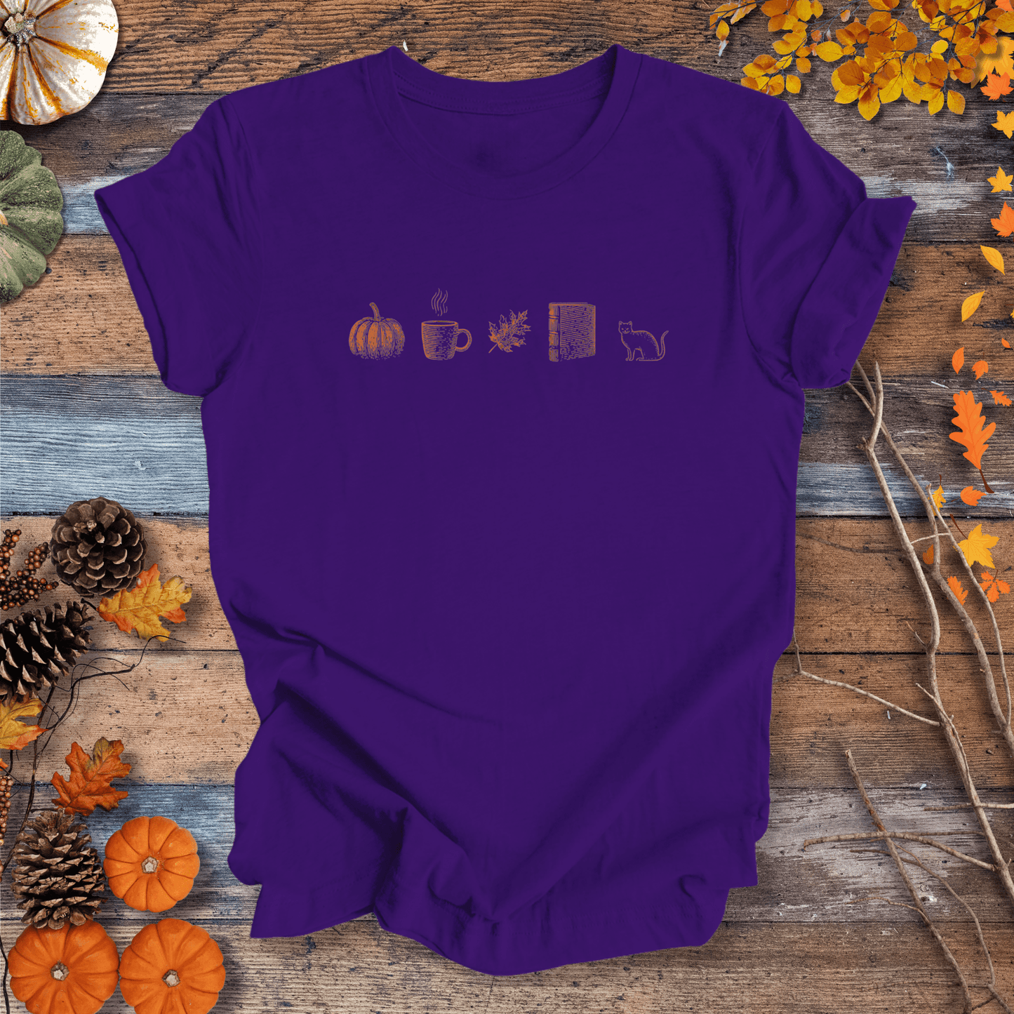 Printify T-Shirt Solid Purple Rush / S Autumn Icons Row Shirt – Pumpkin Coffee Leaf Book Cat | Unisex Cotton