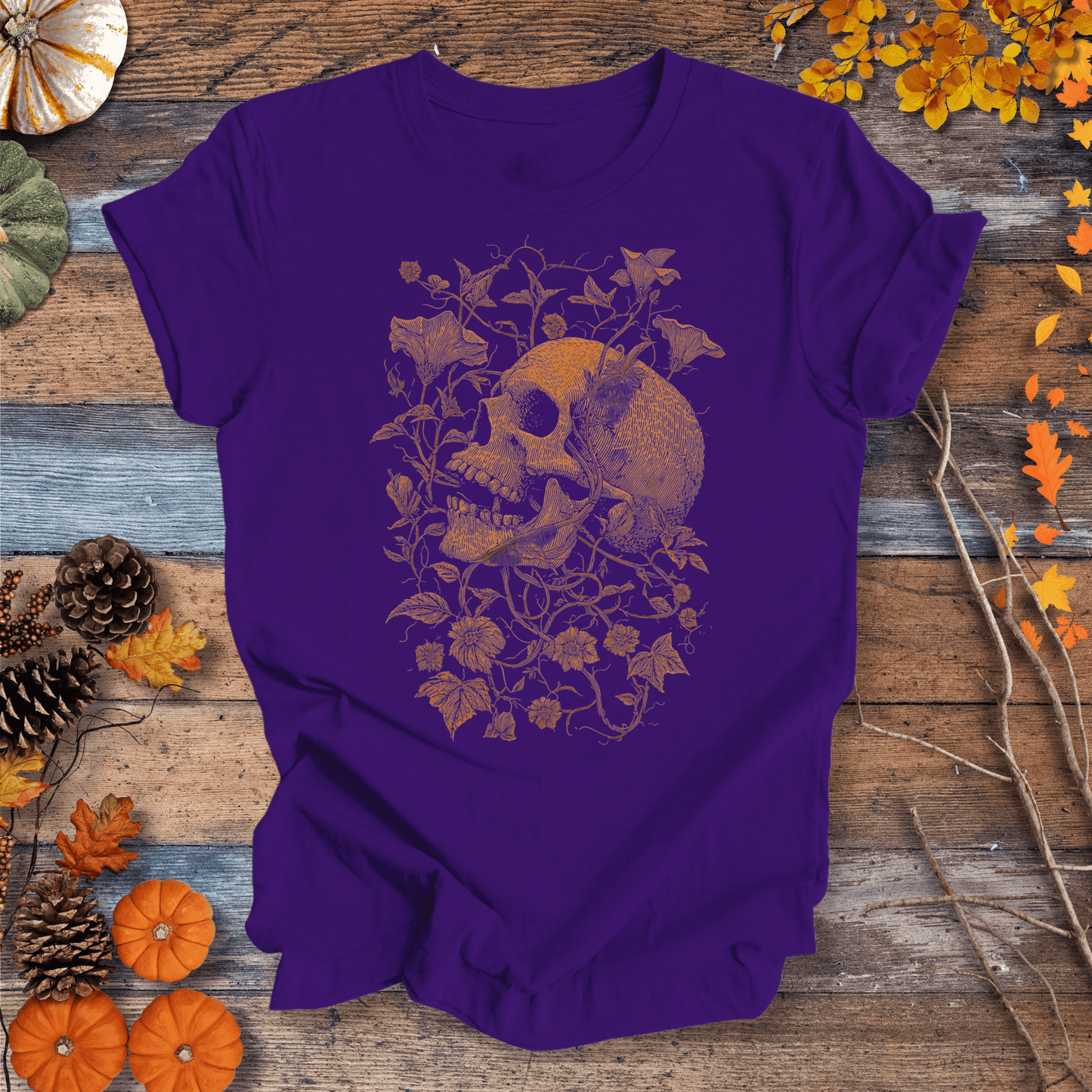 Printify T-Shirt Solid Purple Rush / S Botanical Skull & Vines Halloween Shirt – Unisex Cotton