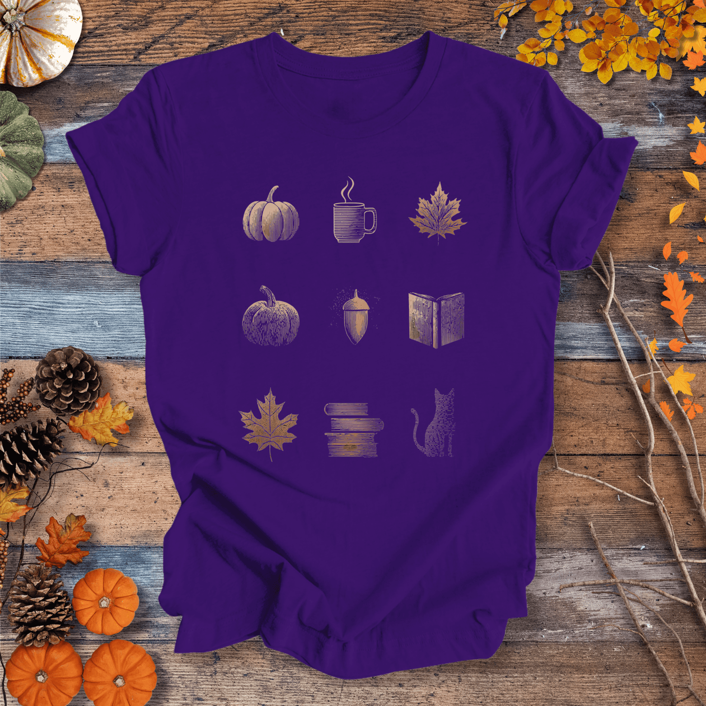 Printify T-Shirt Solid Purple Rush / S Cozy Fall Icons Shirt – Pumpkin, Coffee & Cat Tee | Unisex