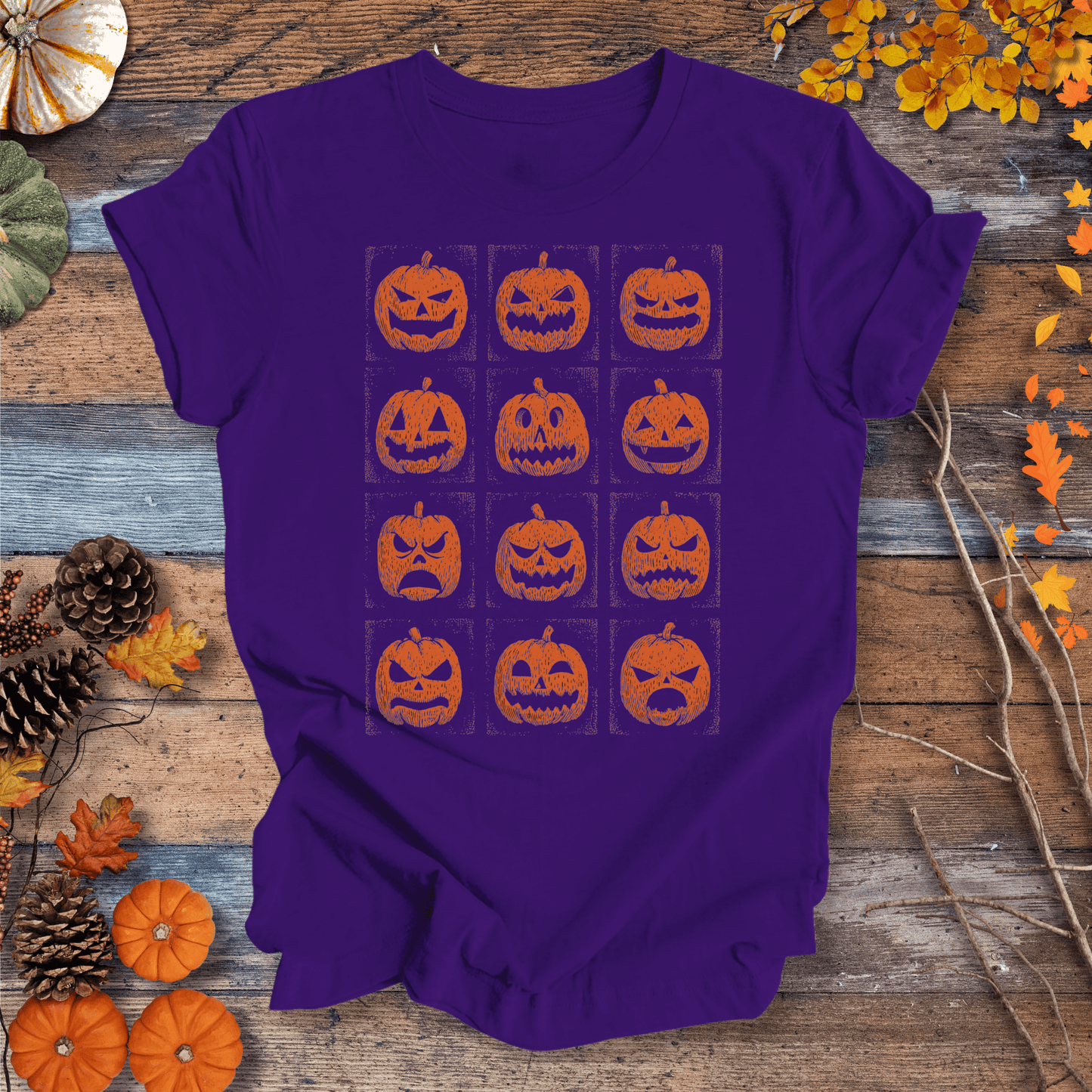 Printify T-Shirt Solid Purple Rush / S Jack-O’-Lantern Faces Halloween Shirt – Vintage Pumpkin Tee