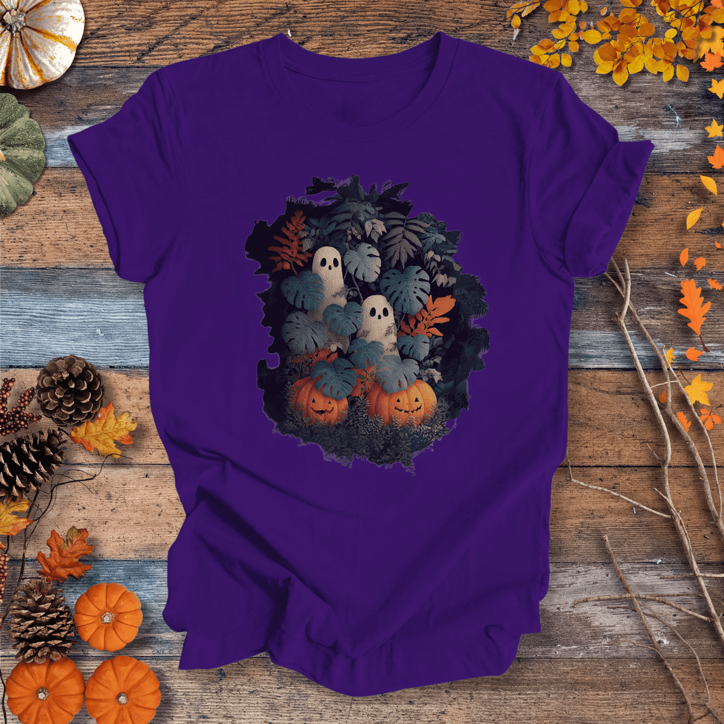 Printify T-Shirt Solid Purple Rush / S Monstera Ghosts & Pumpkins – Halloween Houseplant Shirt (Unisex)