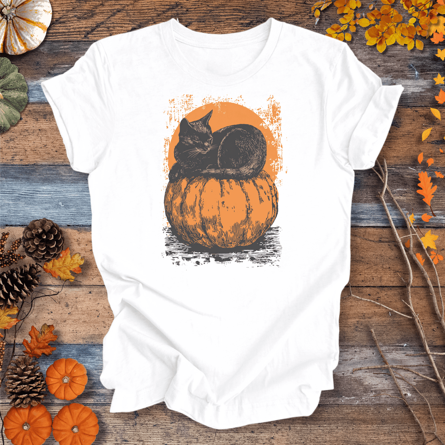 Printify T-Shirt Solid White / XS Moonlit Black Cat & Pumpkin Tee | Unisex Cotton