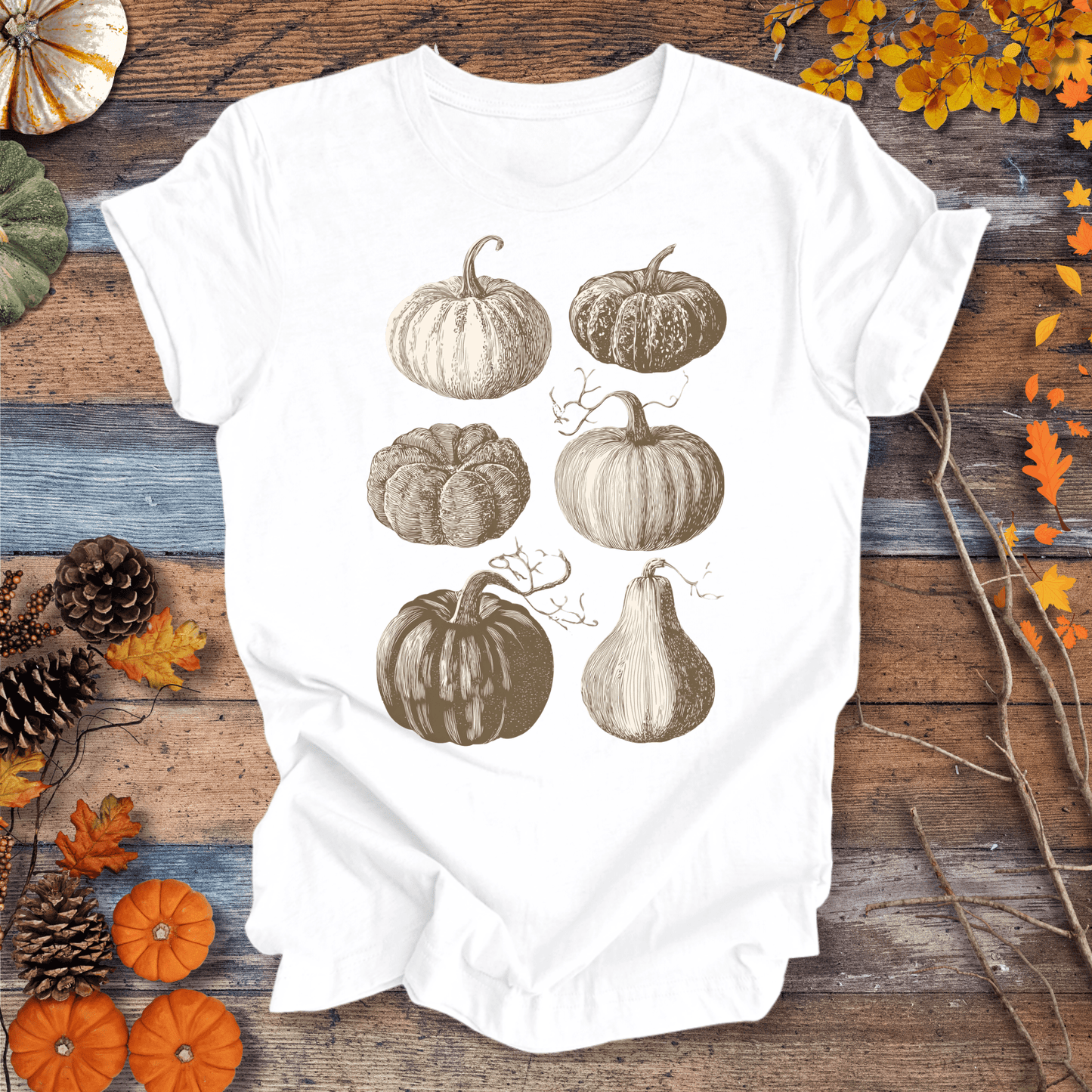 Printify T-Shirt Solid White / XS Vintage Pumpkin Art T-Shirt β Botanical Fall Shirt | Unisex Cotton