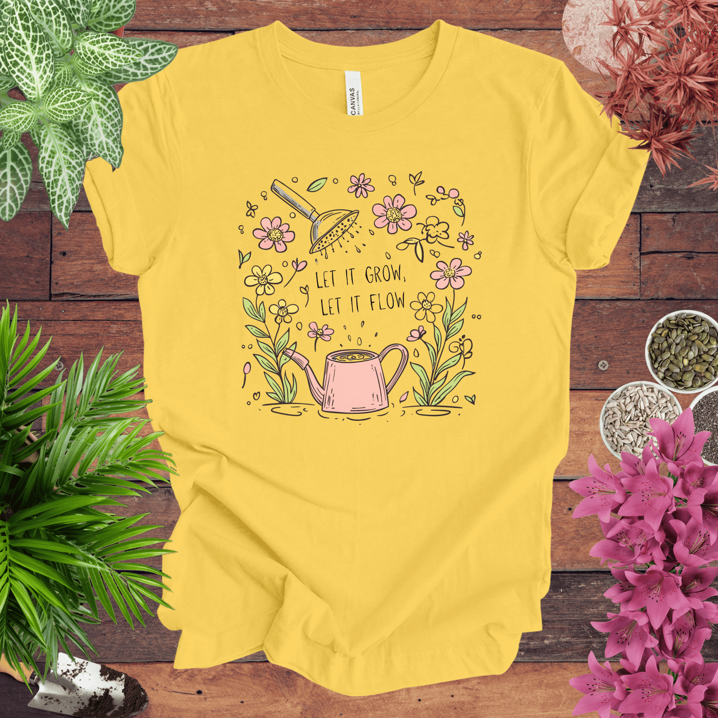 Printify T-Shirt Yellow / S Pink Watering Can Floral T-Shirt