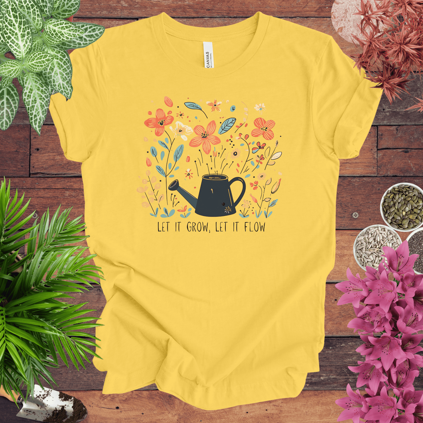 Printify T-Shirt Yellow / S Whimsical Watering Can and Flowers T-Shirt