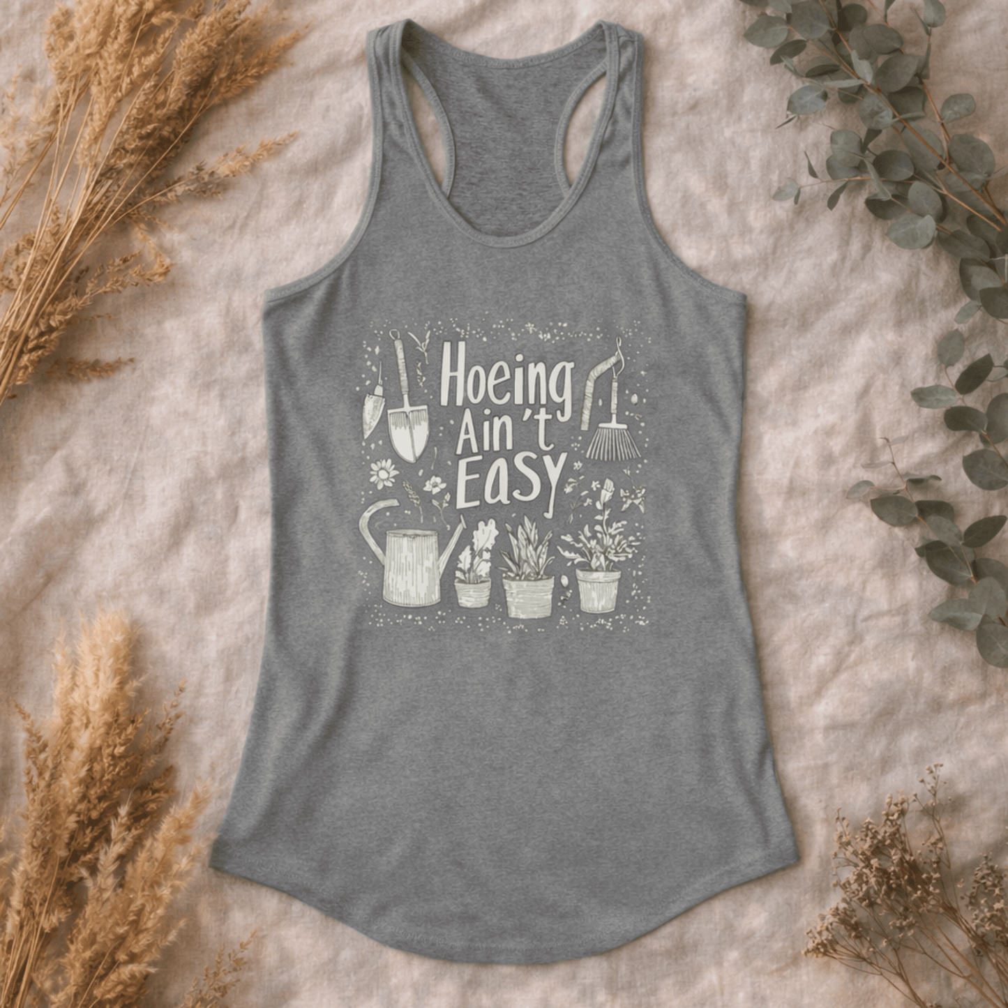 Printify Tank Top S / Heather Grey Gardening Racerback Tank Top – “Hoeing Ain’t Easy” Graphic