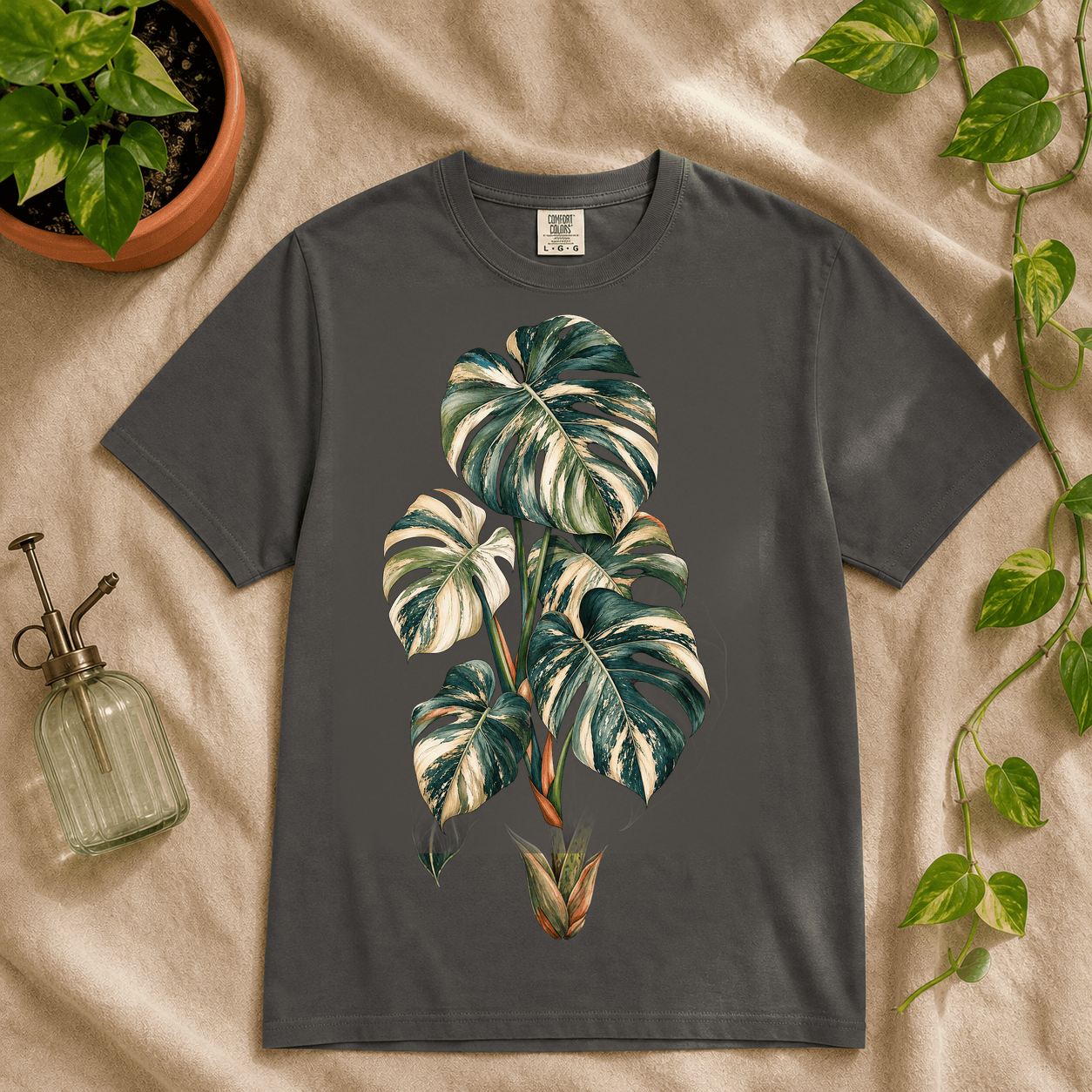 Variegated Monstera Graphic T-Shirt in Bay featuring cream marbled monstera artwork