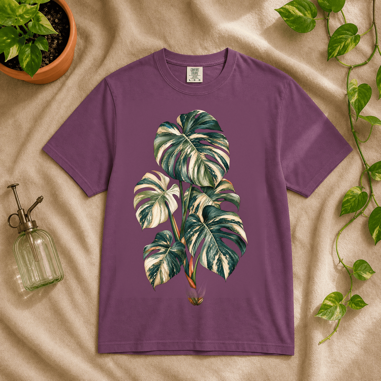 Variegated Monstera Graphic T-Shirt in Berry featuring cream marbled monstera artwork