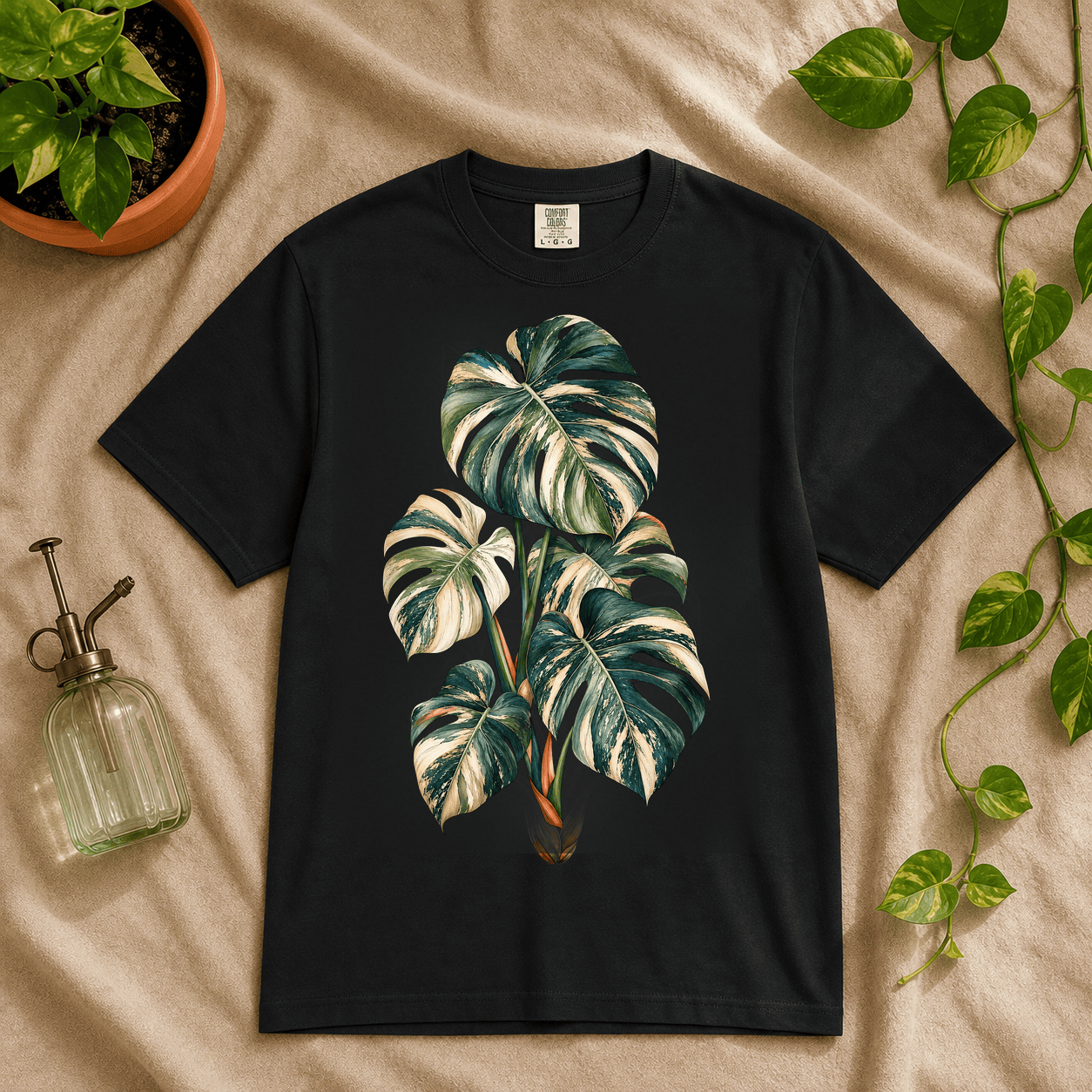 Variegated Monstera Graphic T-Shirt in Black featuring cream marbled monstera artwork