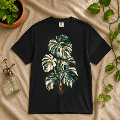 Variegated Monstera Graphic T-Shirt in Black featuring cream marbled monstera artwork