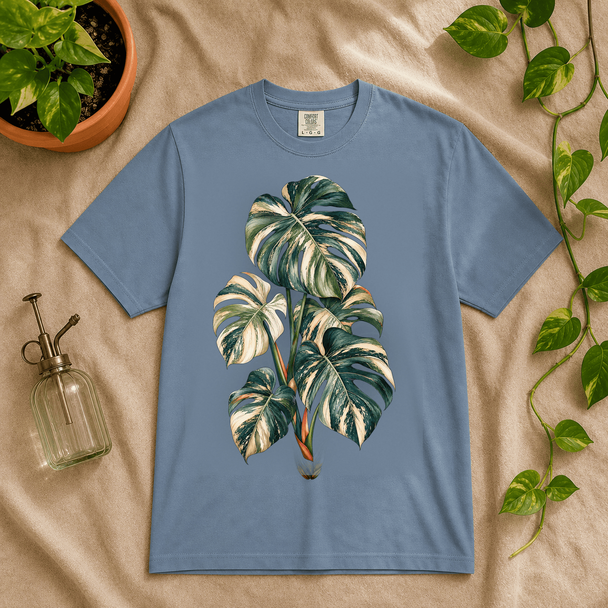 Variegated Monstera Graphic T-Shirt in Blue Jean featuring cream marbled monstera artwork