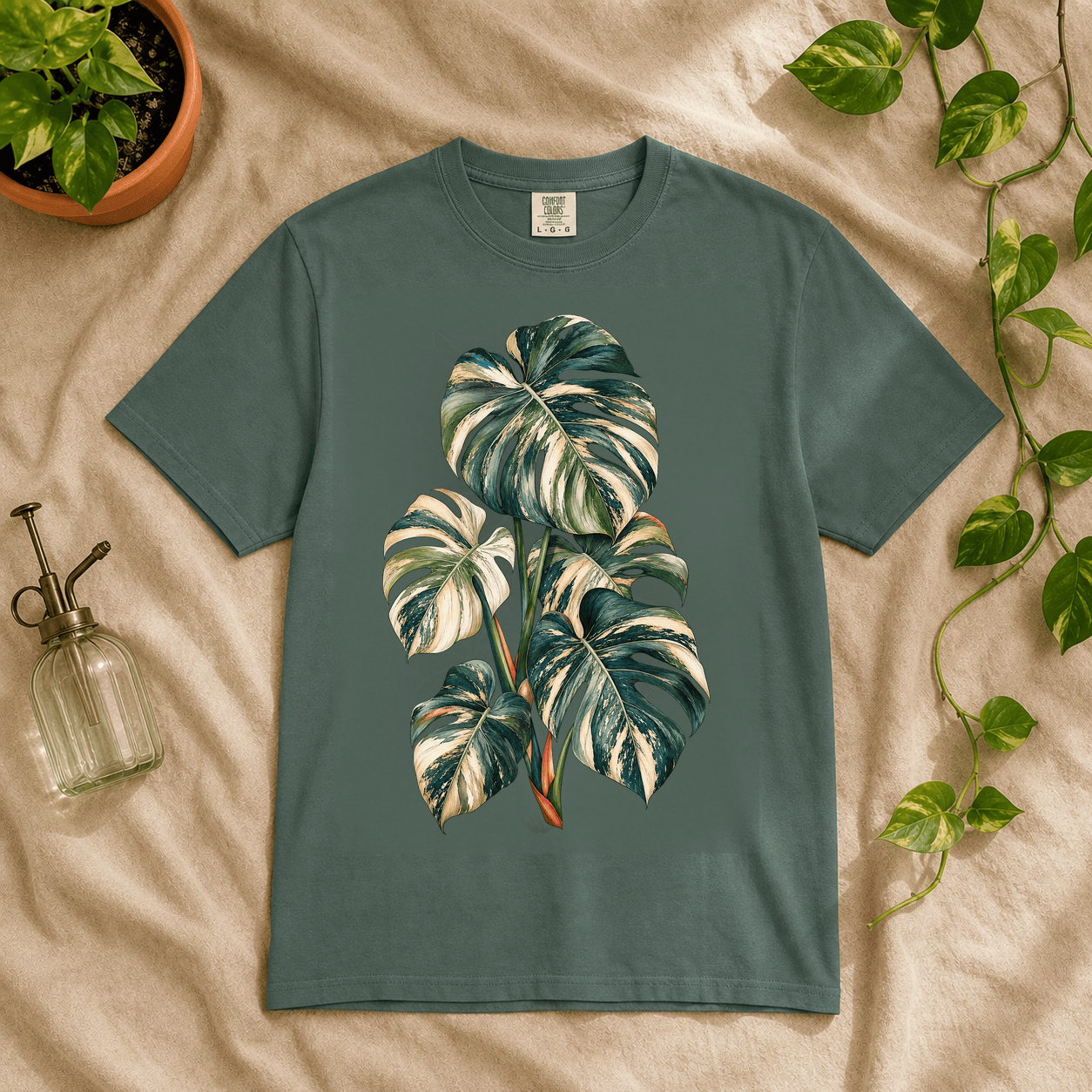 Variegated Monstera Graphic T-Shirt in Blue Spruce featuring cream marbled monstera artwork