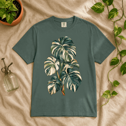 Variegated Monstera Graphic T-Shirt in Blue Spruce featuring cream marbled monstera artwork