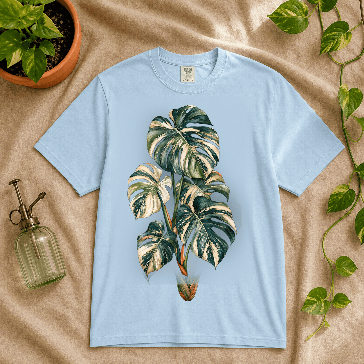 Variegated Monstera Graphic T-Shirt in Chambray featuring cream marbled monstera artwork