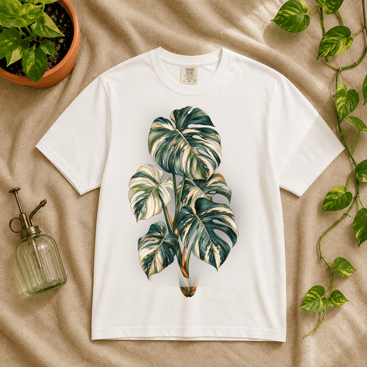 Variegated Monstera Graphic T-Shirt in Ivory featuring cream marbled monstera artwork