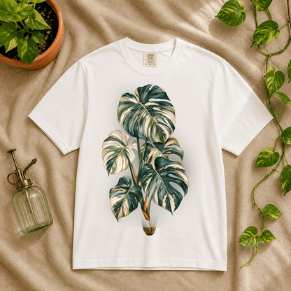 Variegated Monstera Graphic T-Shirt in Ivory featuring cream marbled monstera artwork