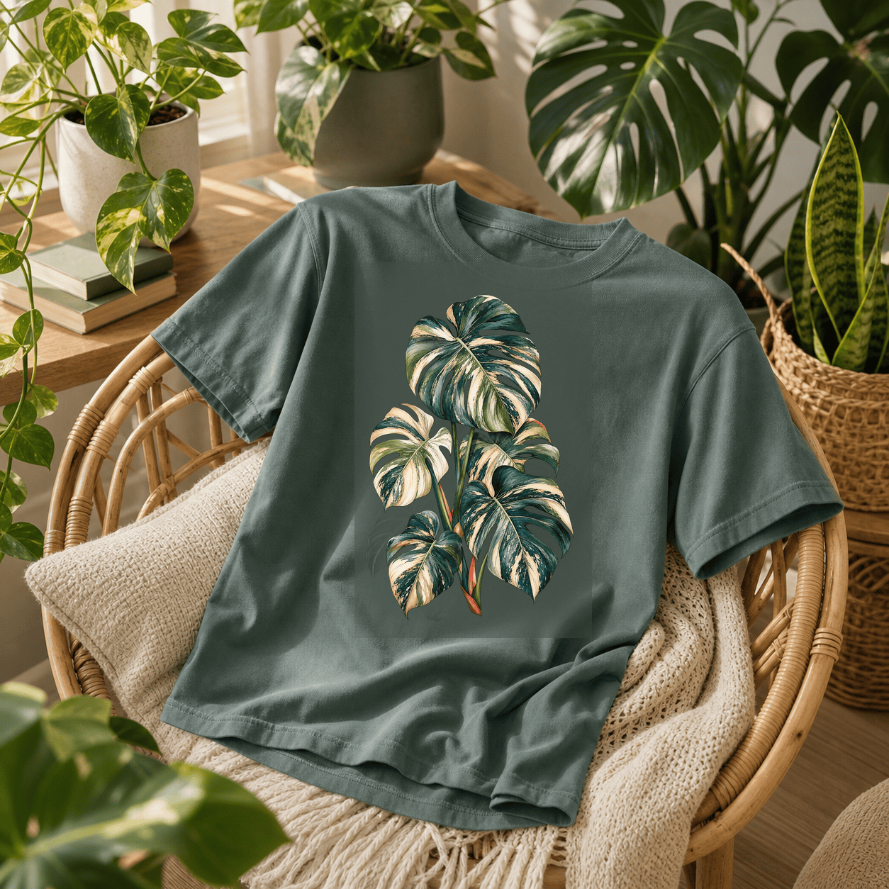 Variegated Monstera Graphic T-Shirt styled in a blue spruce indoor jungle lifestyle scene