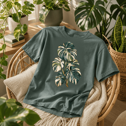 Variegated Monstera Graphic T-Shirt styled in a blue spruce indoor jungle lifestyle scene