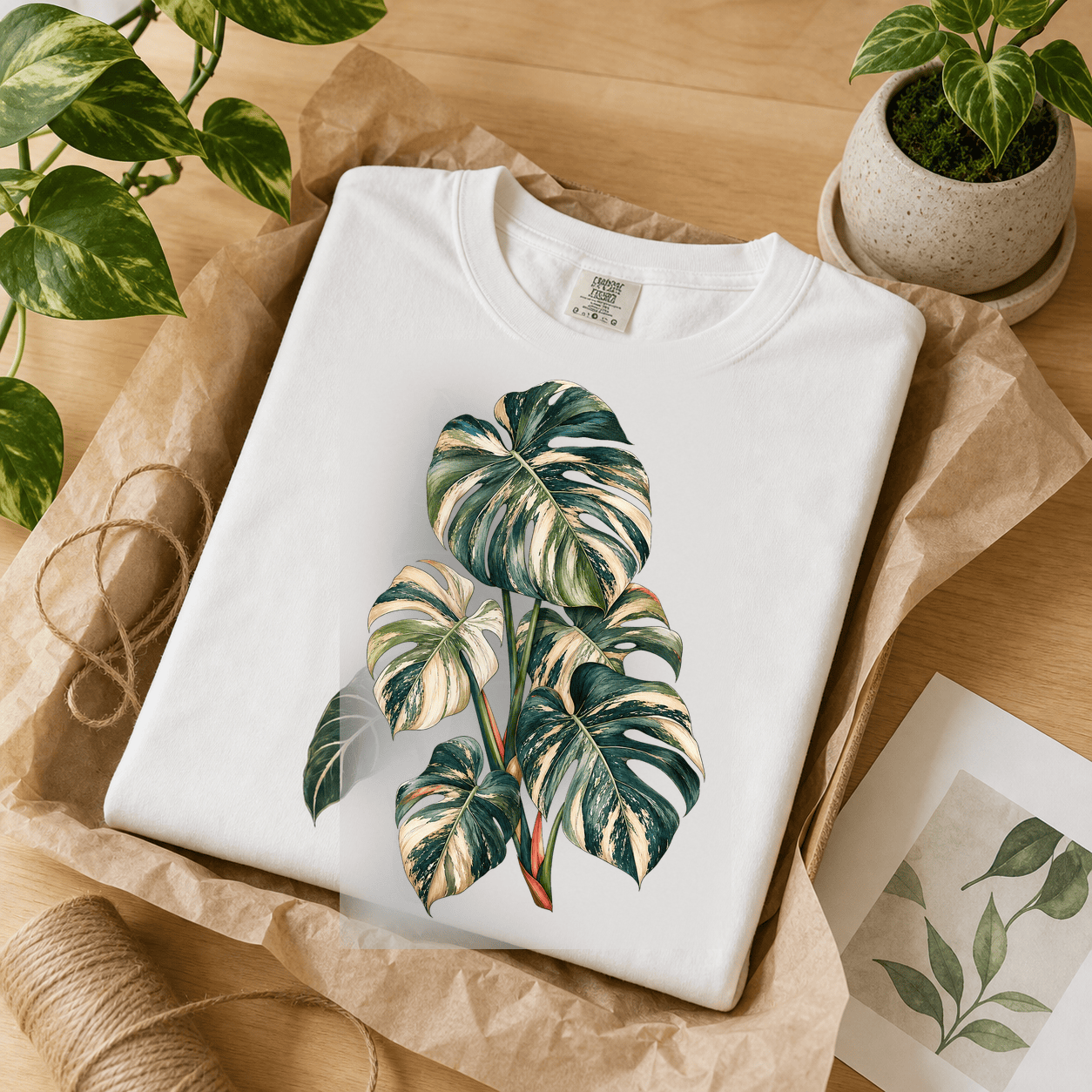 Variegated Monstera Graphic T-Shirt folded as an ivory plant lover gift scene