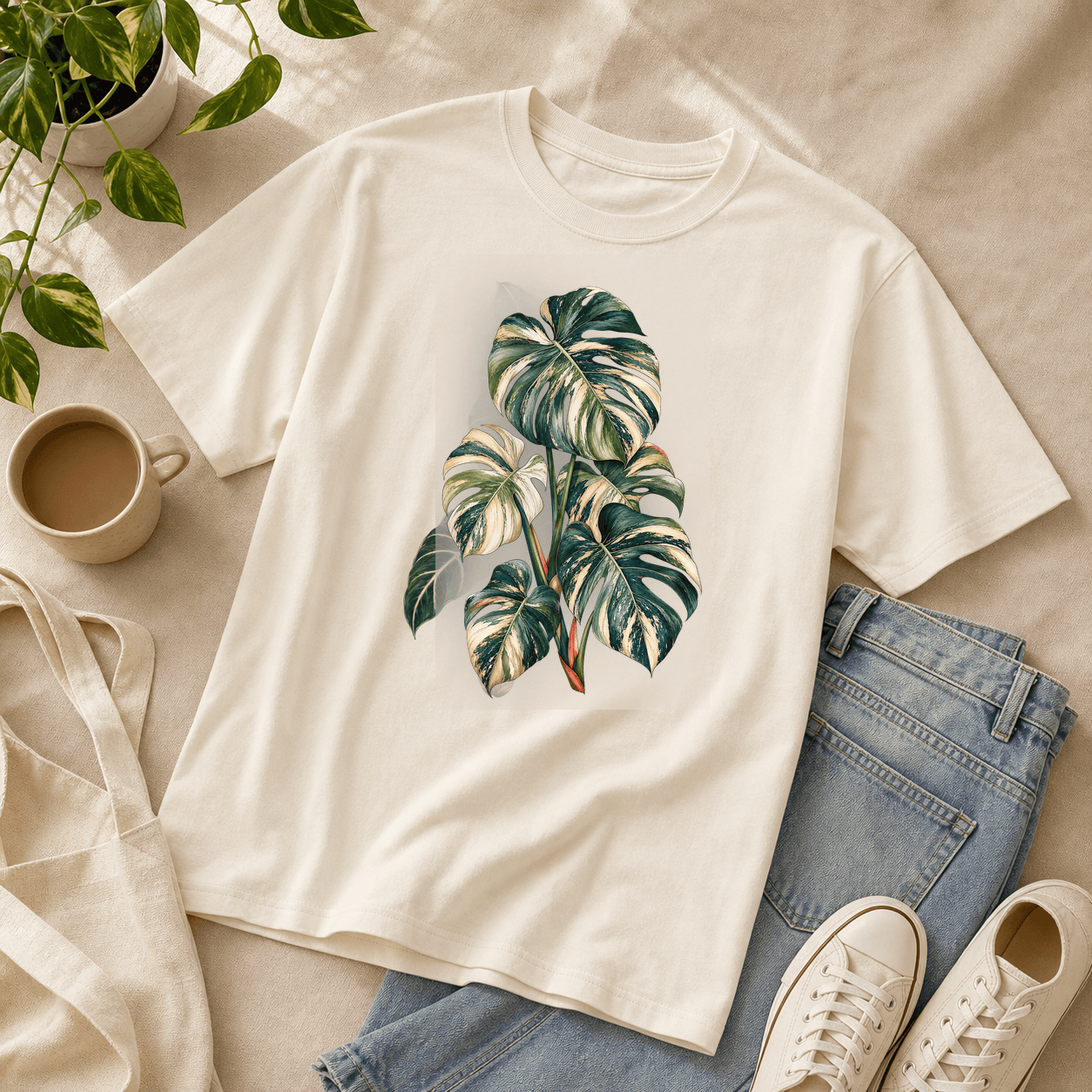 Variegated Monstera Graphic T-Shirt styled with denim and plant lover outfit props