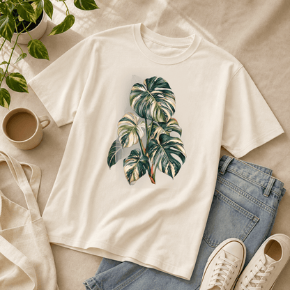 Variegated Monstera Graphic T-Shirt styled with denim and plant lover outfit props