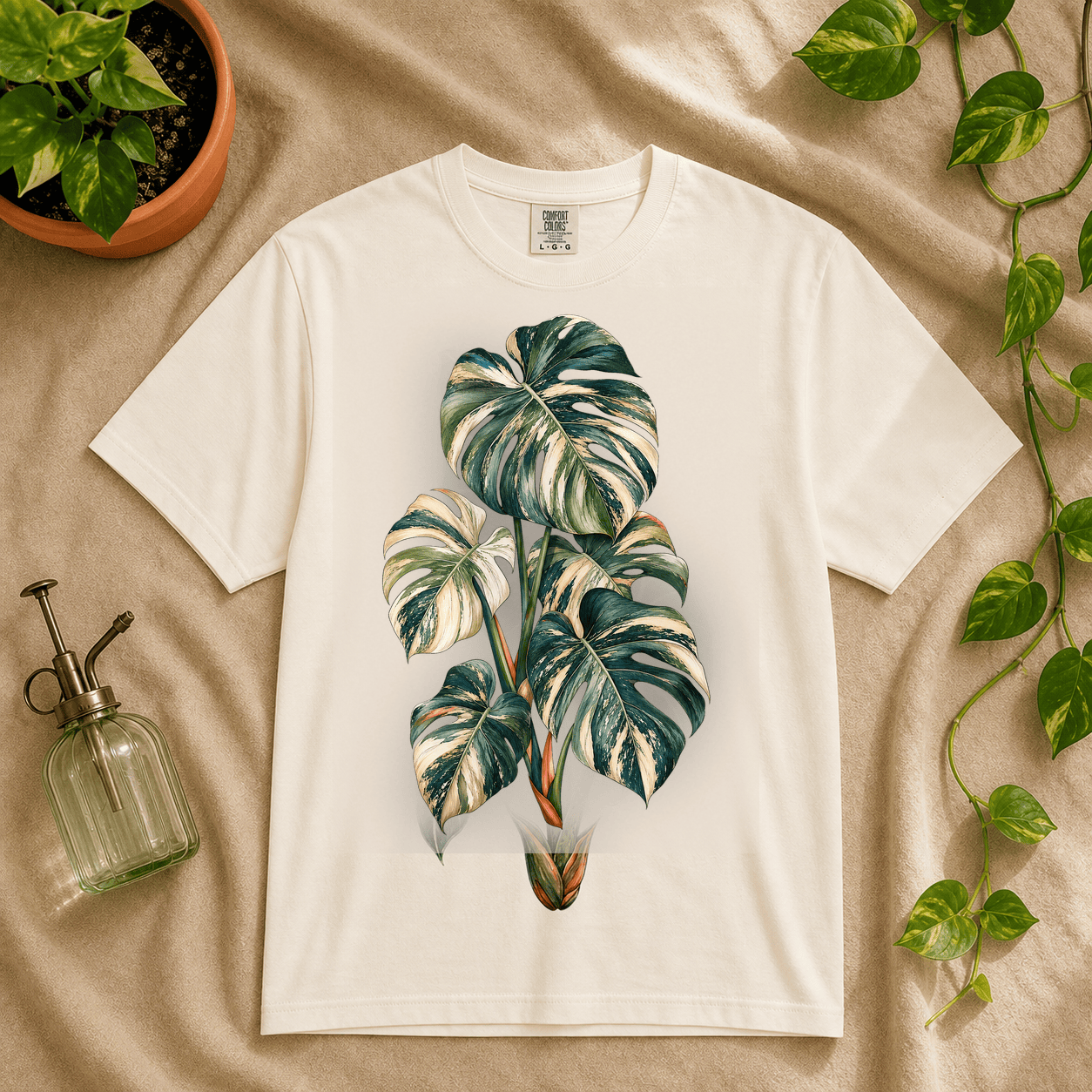 Variegated Monstera Graphic T-Shirt in Pepper featuring cream marbled monstera artwork