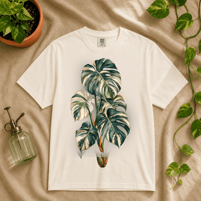 Variegated Monstera Graphic T-Shirt in Pepper featuring cream marbled monstera artwork