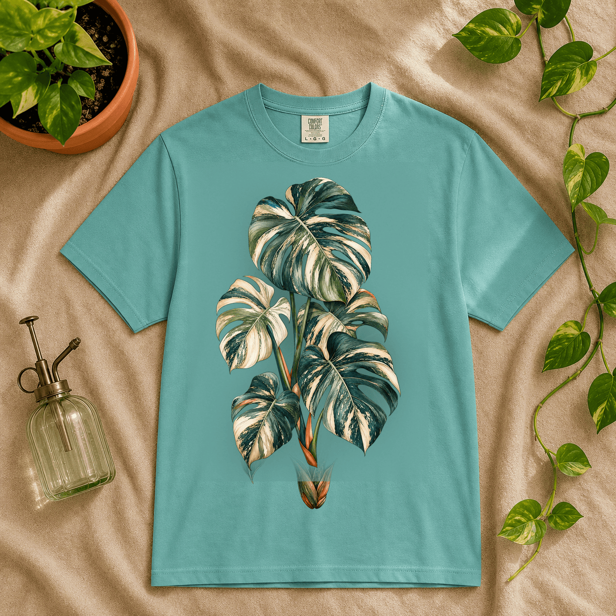 Variegated Monstera Graphic T-Shirt in Seafoam featuring cream marbled monstera artwork