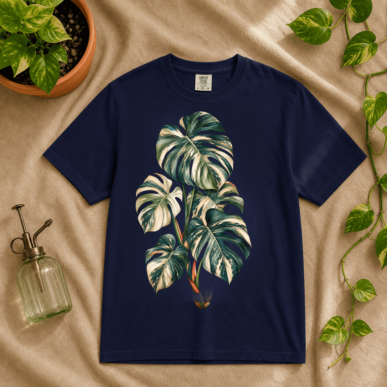 Variegated Monstera Graphic T-Shirt in True Navy featuring cream marbled monstera artwork