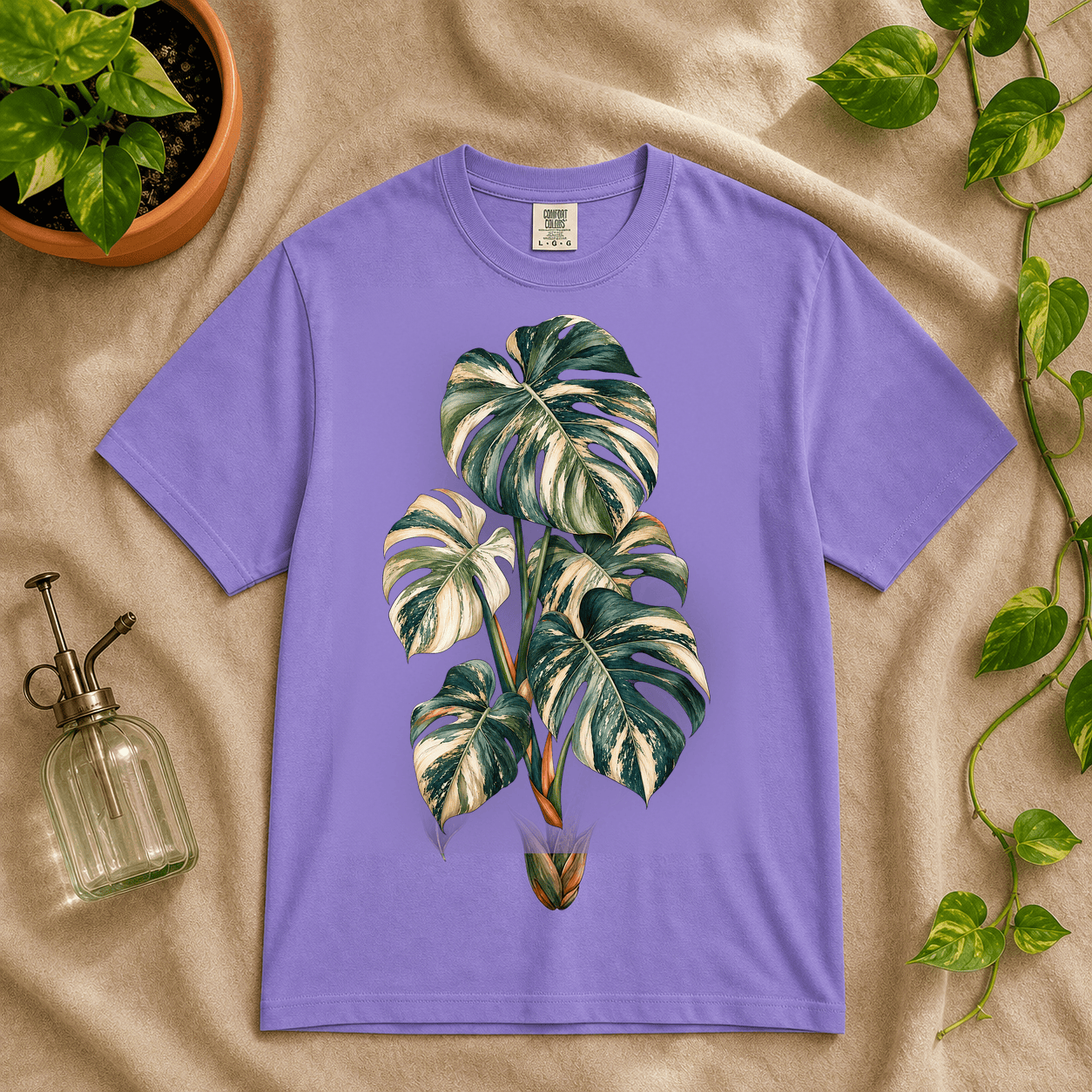 Variegated Monstera Graphic T-Shirt in Violet featuring cream marbled monstera artwork