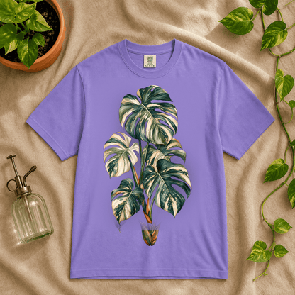 Variegated Monstera Graphic T-Shirt in Violet featuring cream marbled monstera artwork